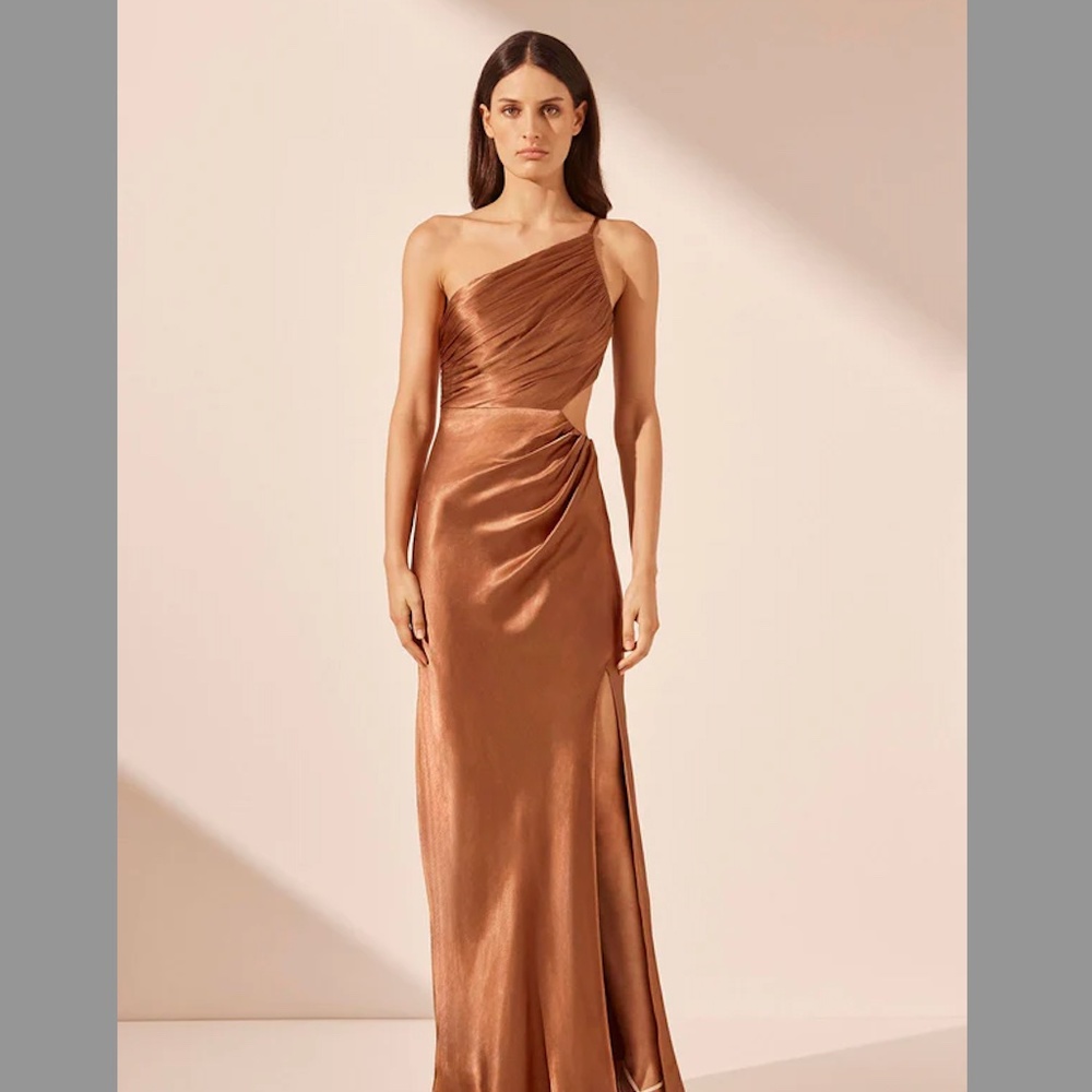 SHONA JOY LA LUNE ASYMMETRICAL GATHERED MAXI DRESS - ALMOND SIZE 6